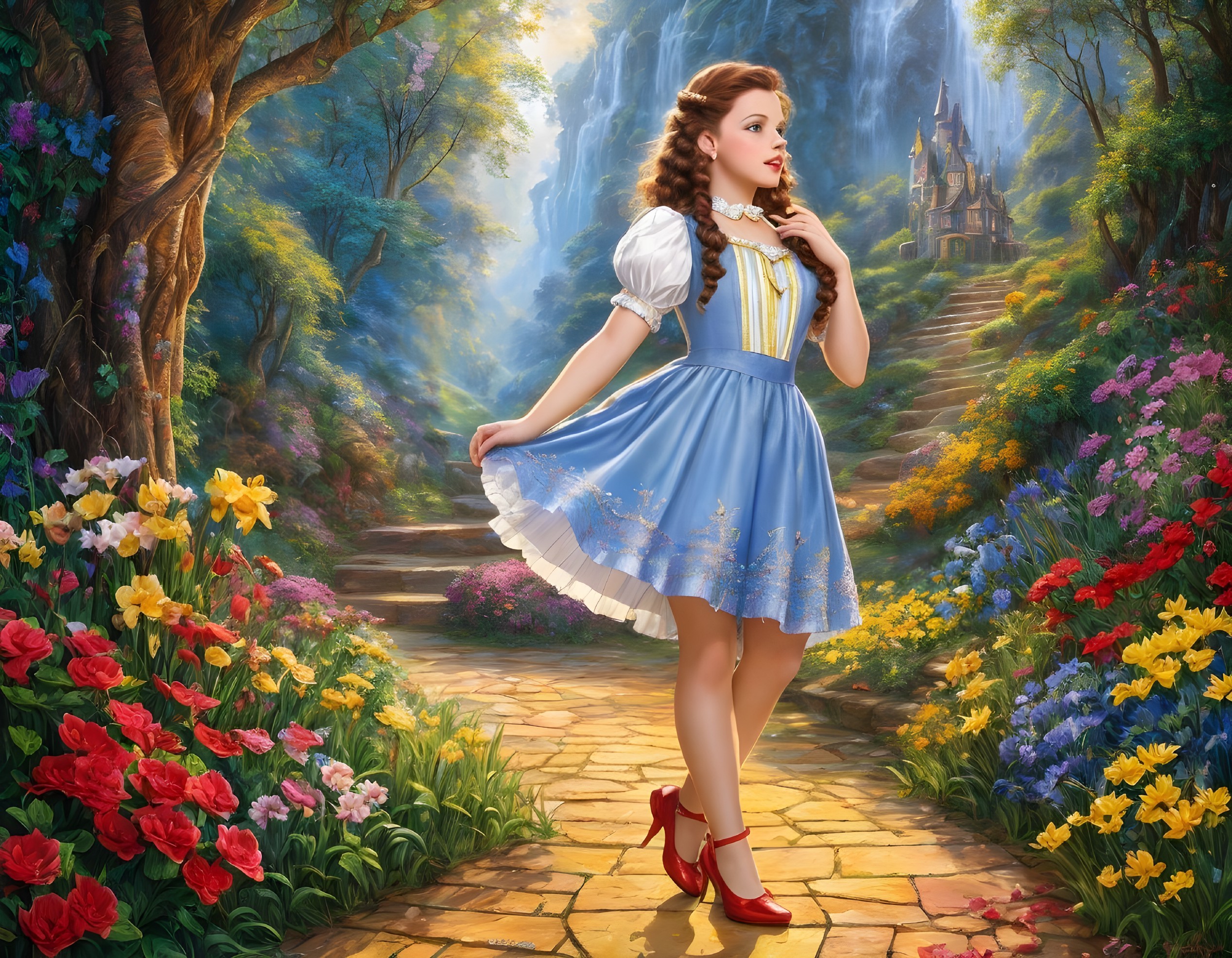 Young woman in blue and white dress on yellow brick road with castle in misty background