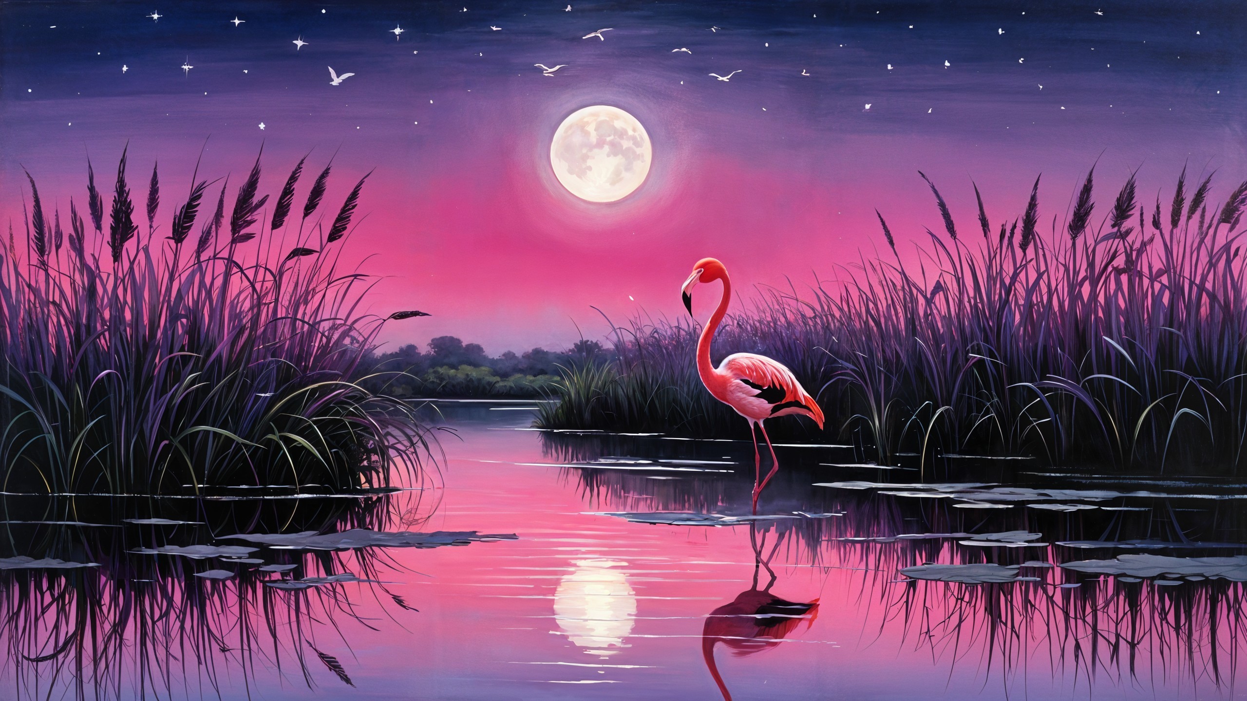 Twilight Scene with Flamingo in Tranquil Lake