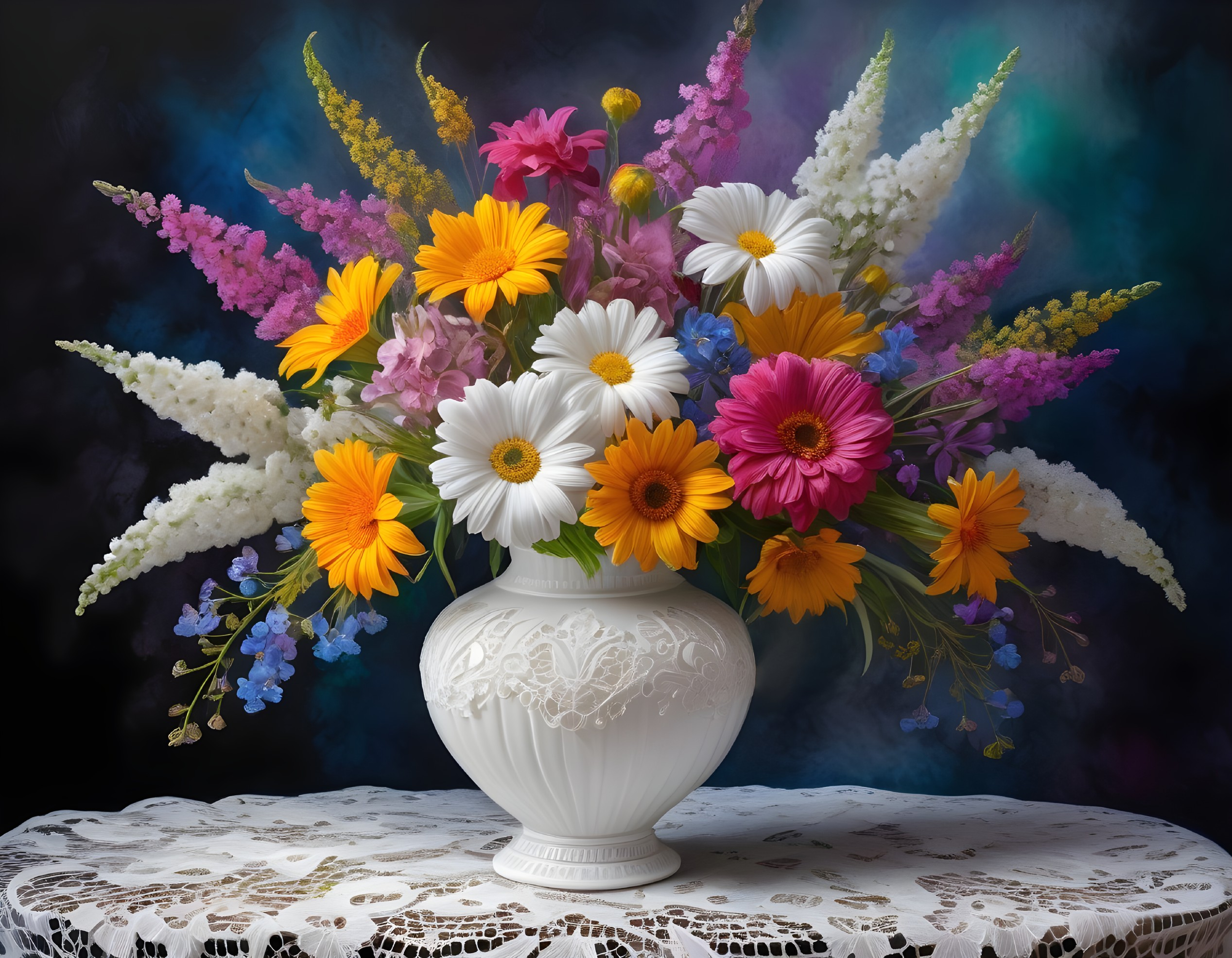 Assorted Flowers Bouquet in White Vase on Lace Tablecloth