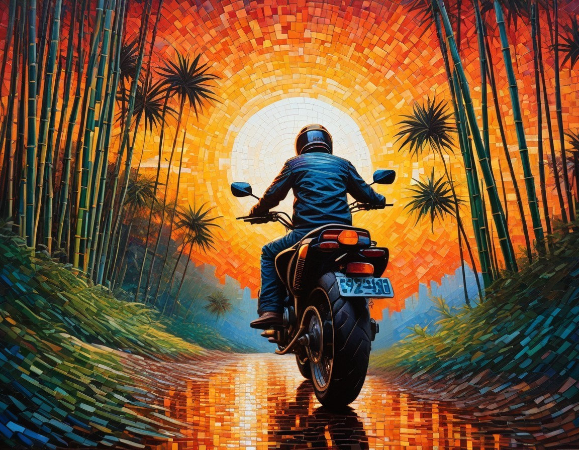 Motorcycle Rider in Colorful Bamboo Forest at Sunset