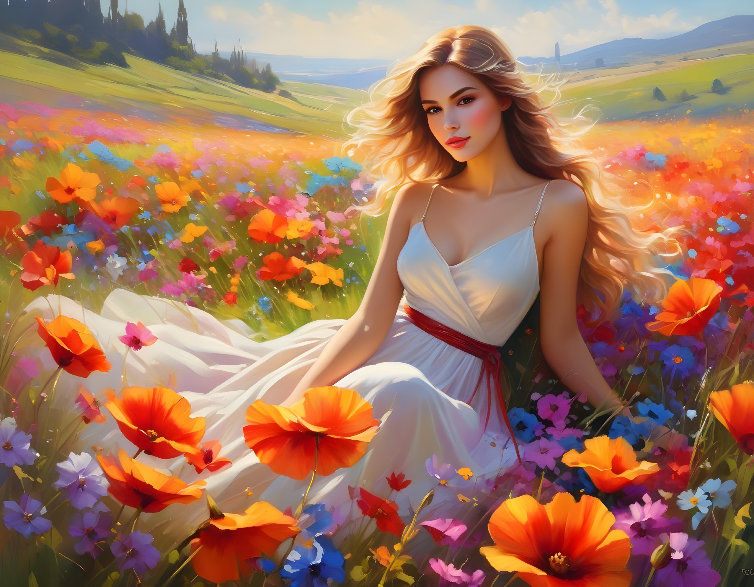 Woman in White Dress Surrounded by Wildflowers
