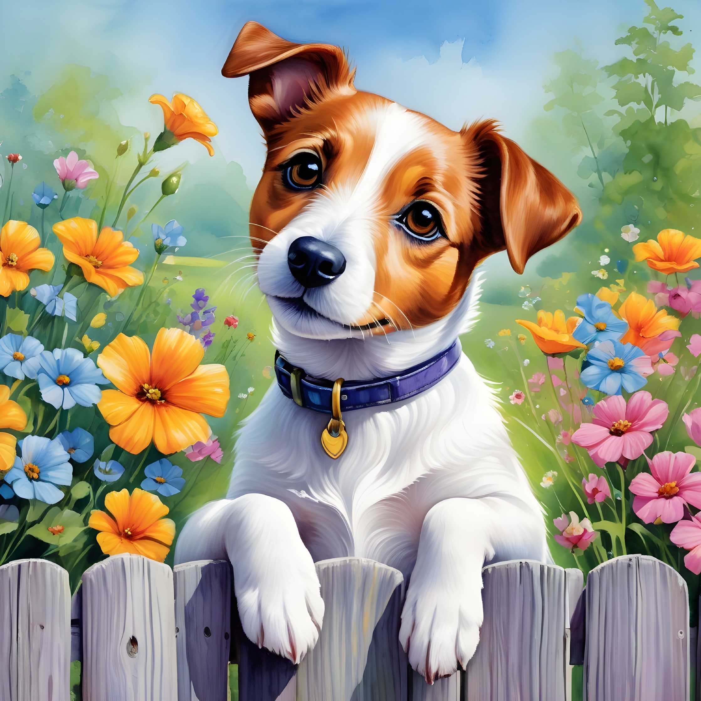 Illustration of brown and white puppy by wooden fence with flowers under blue sky