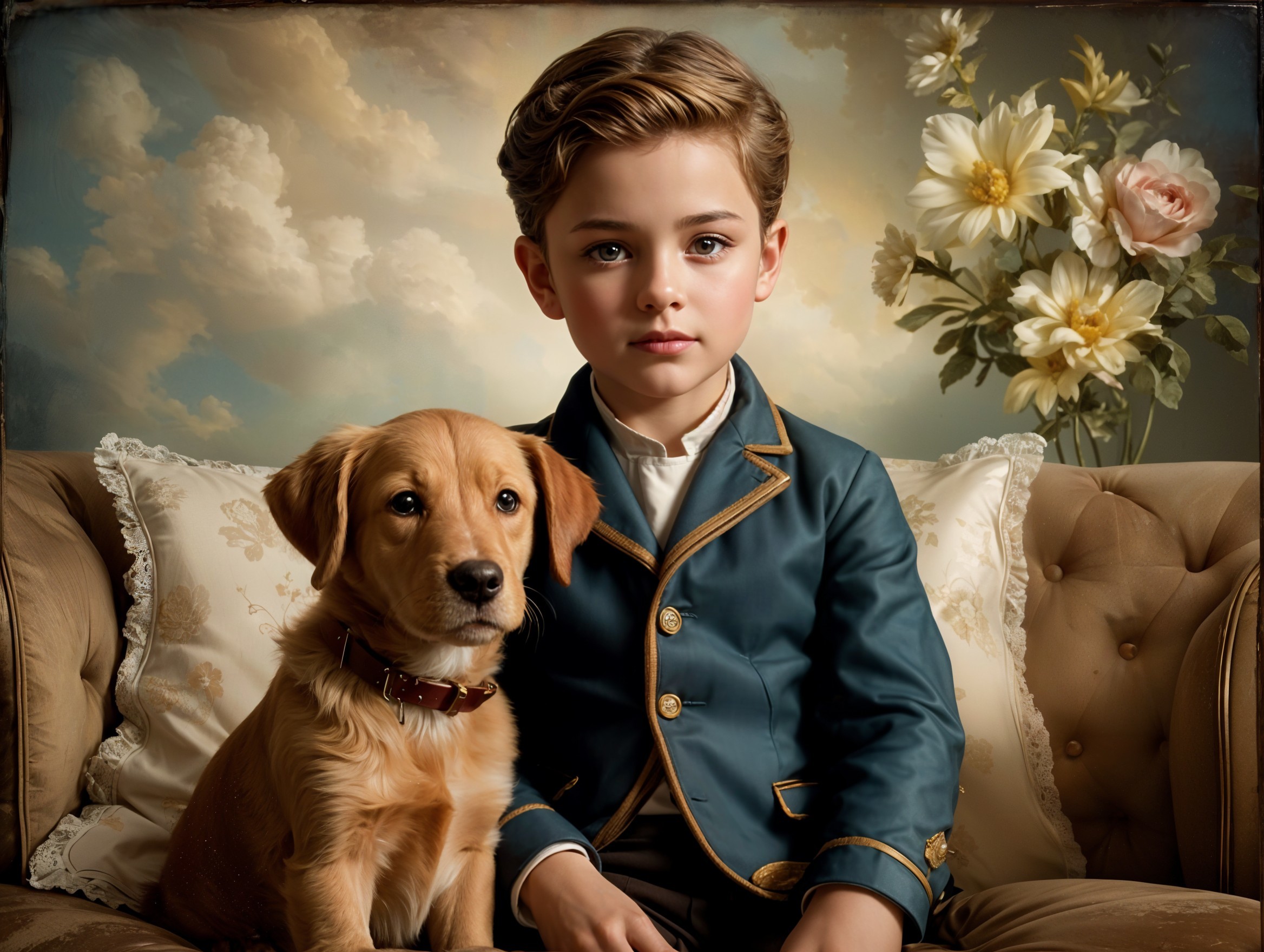 Young Boy in Vintage Suit with Puppy on Couch
