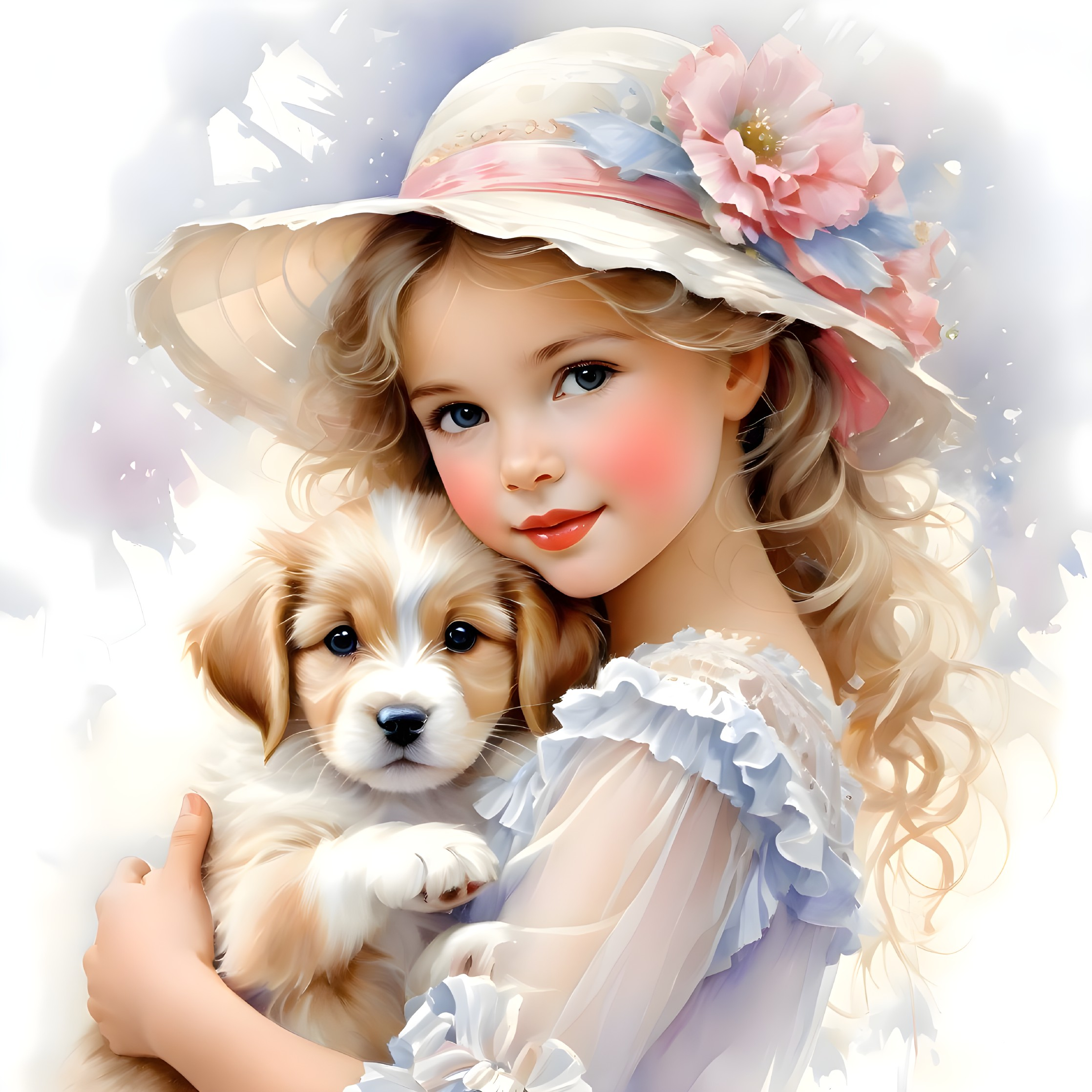 Young girl in white dress with puppy and flowers