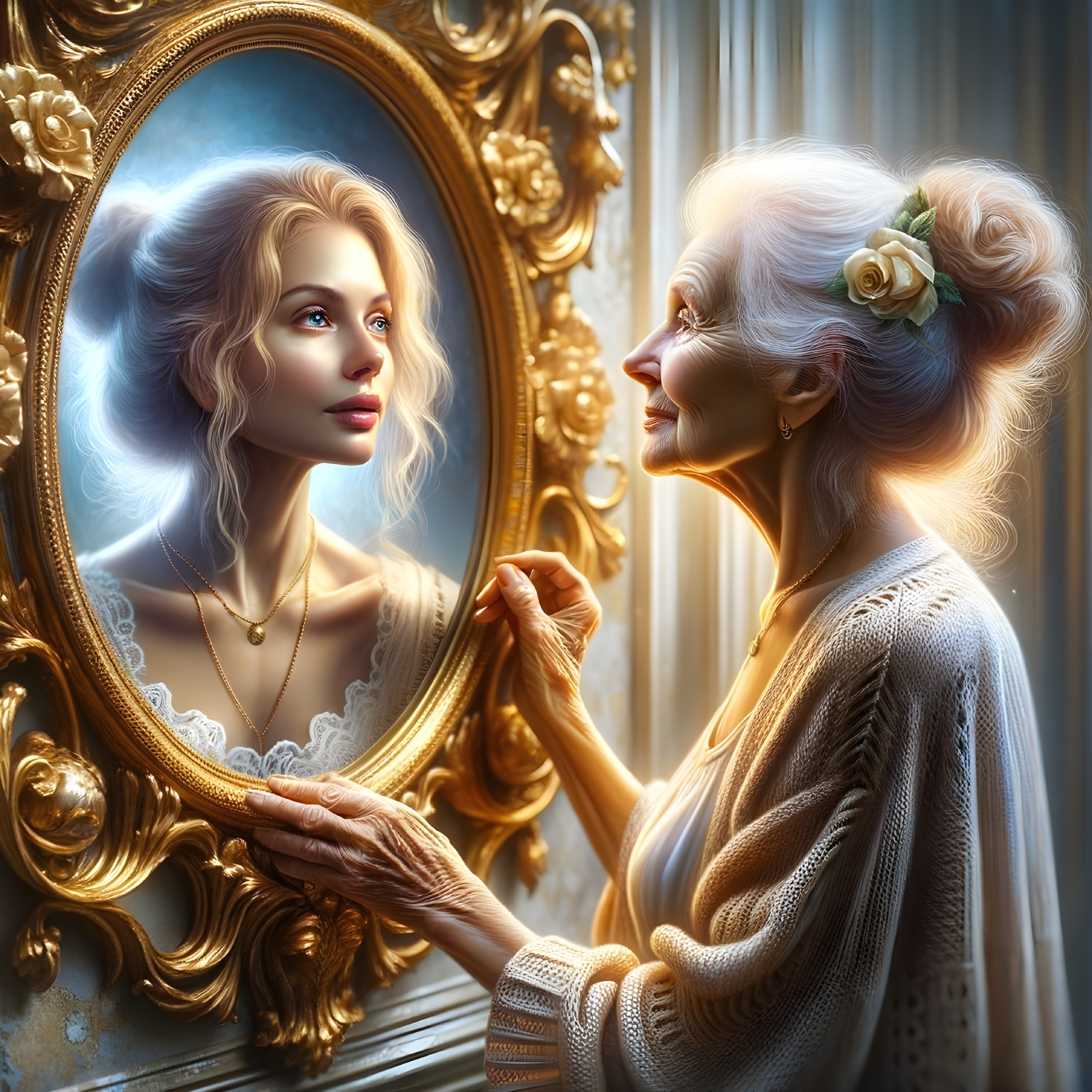 Elderly Woman Reflecting on Youth in Gilded Mirror
