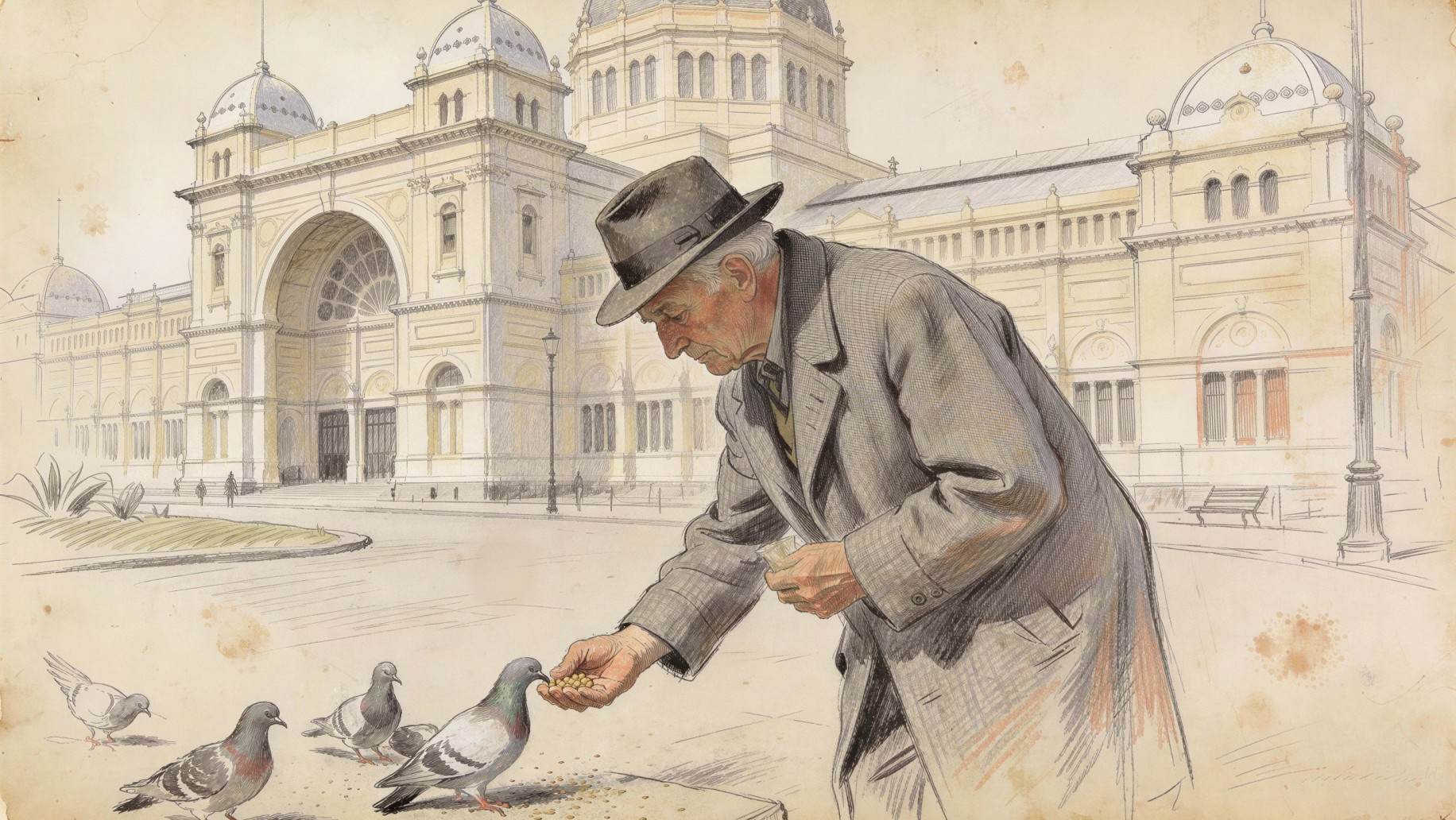 Old man in gray fedora feeding pigeons by building