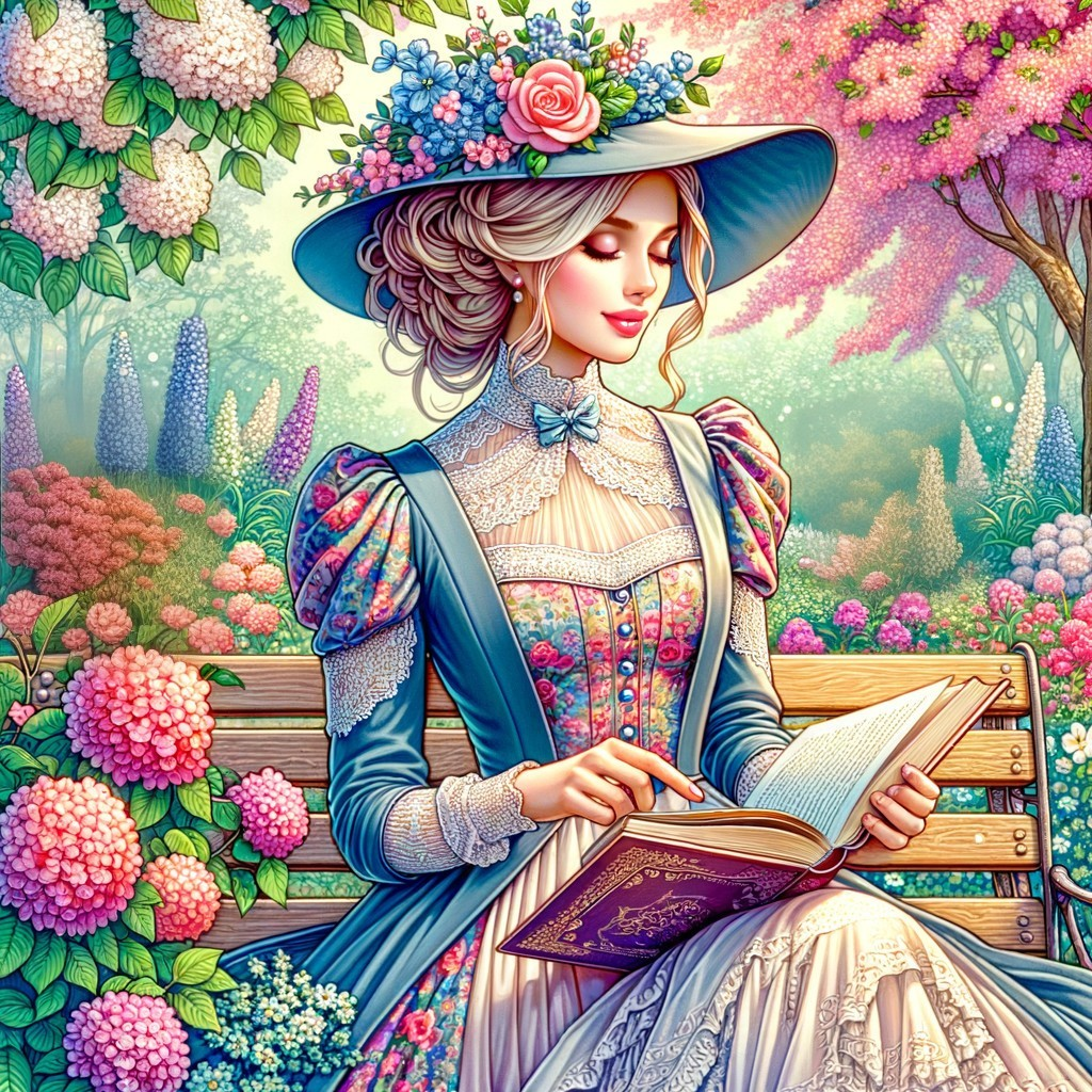 Young Woman Reading in a Flower-Filled Park Garden