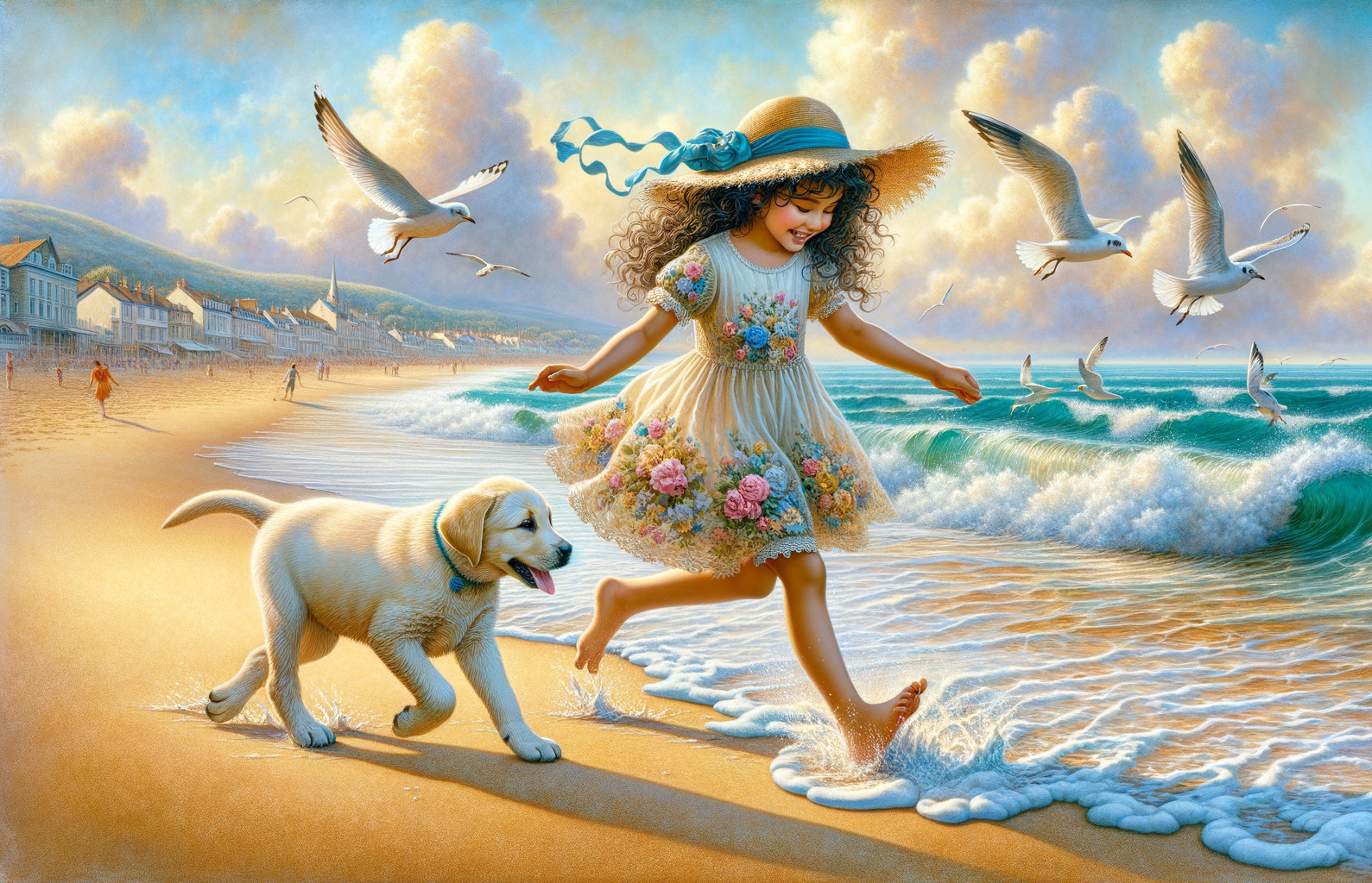 Joyful girl splashing in waves with a Labrador at beach