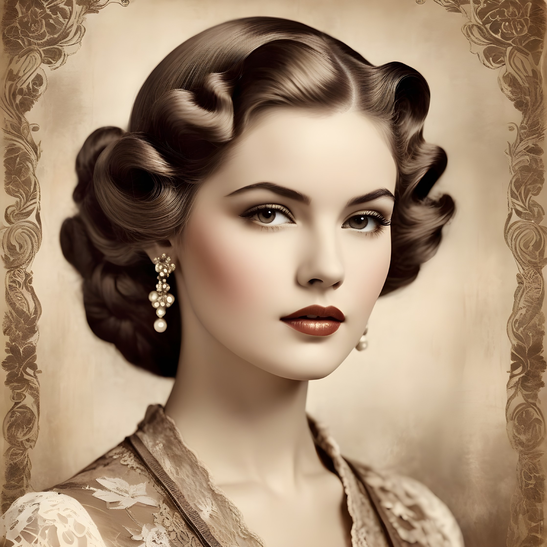 Vintage Portrait of Woman in Lace Attire and Pearls