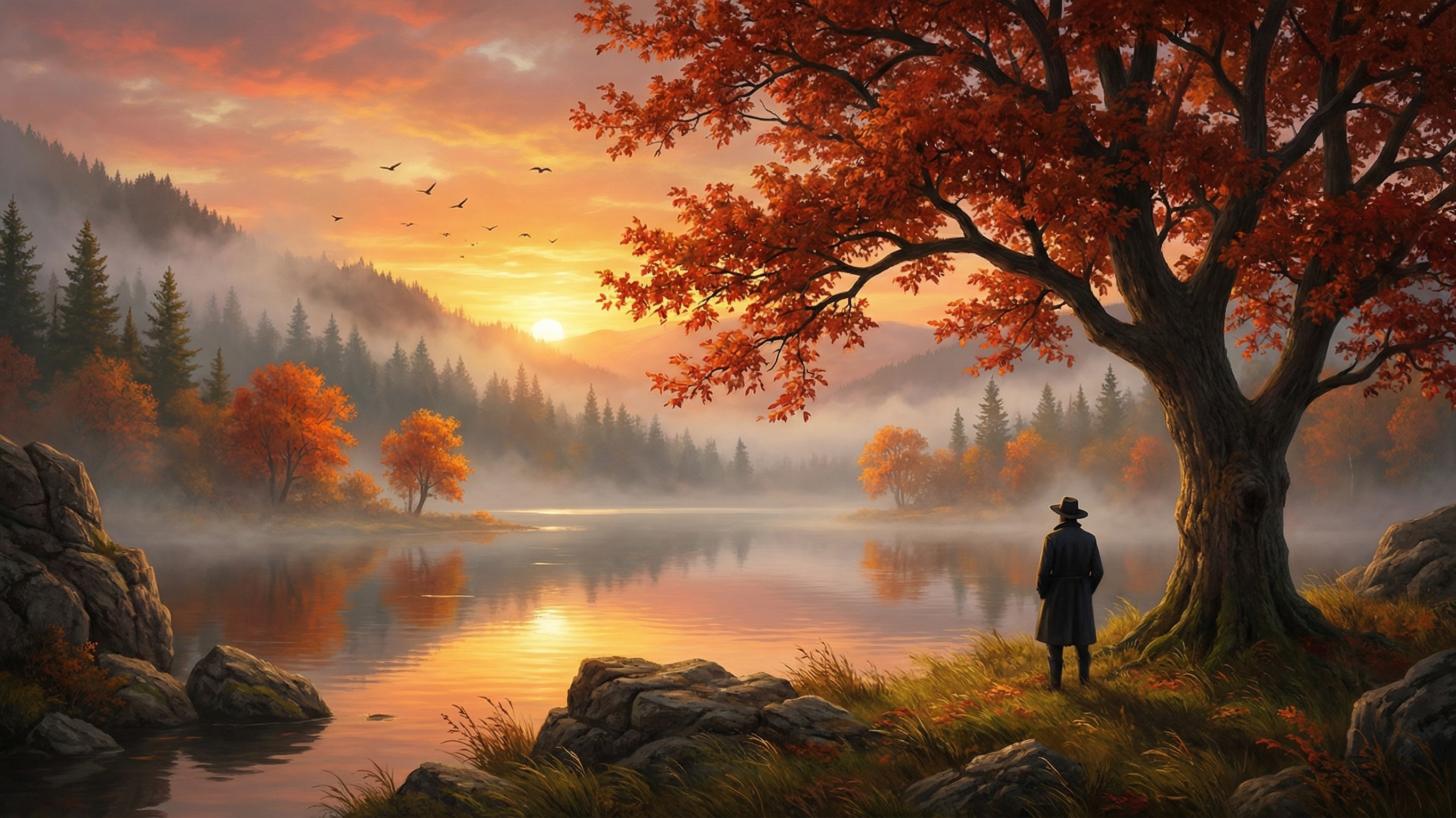 Digital painting of a man by a lake at sunrise