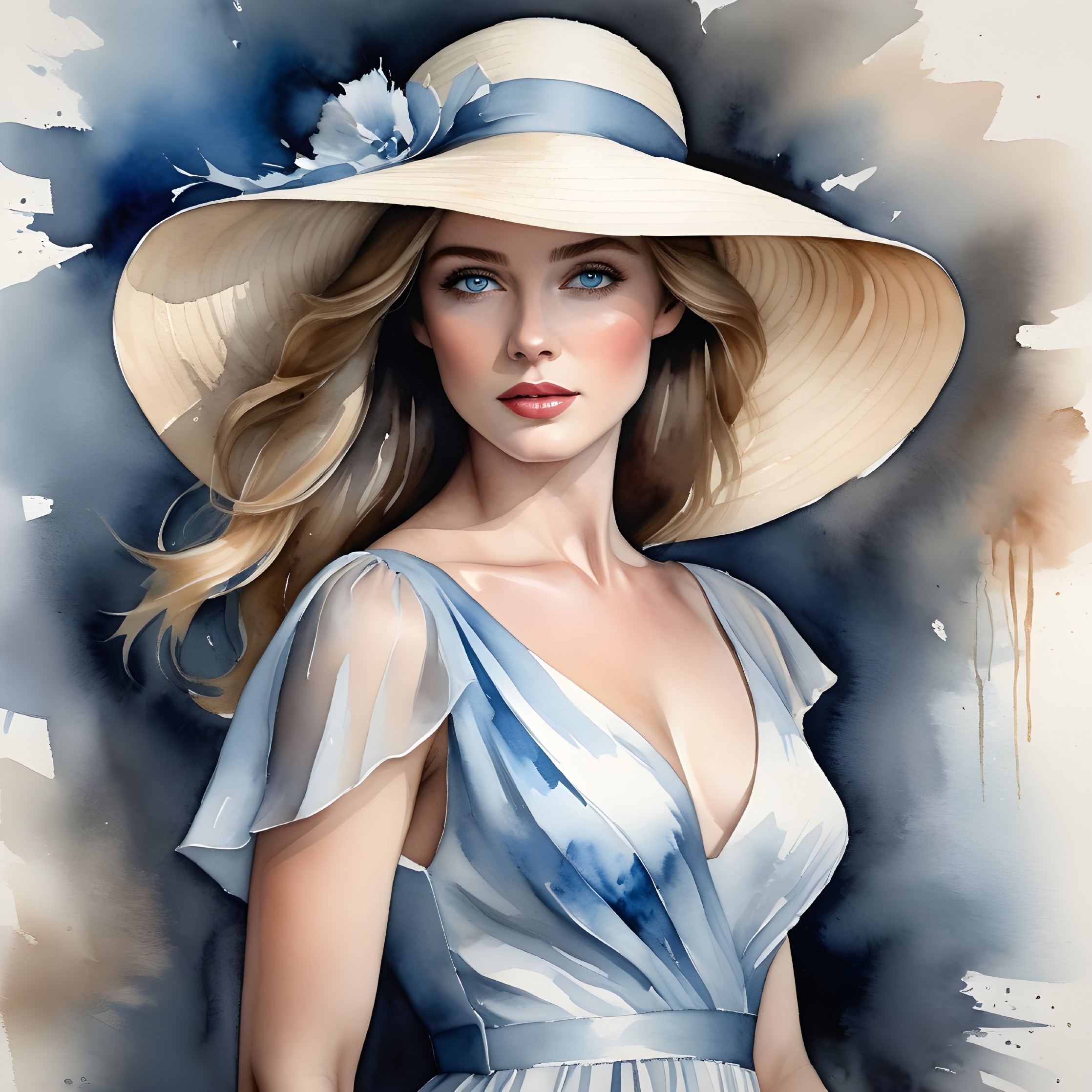 Elegant Woman in Blue Dress with Straw Hat
