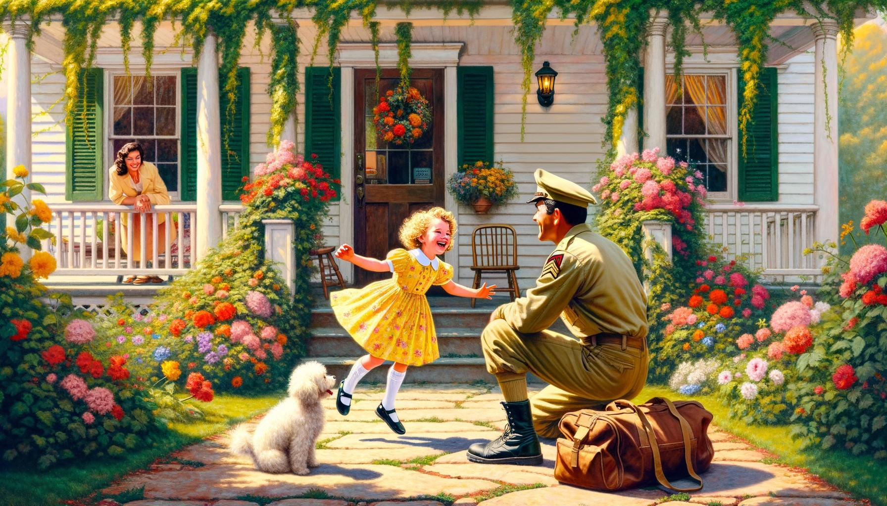 Joyful Reunion Outside a Flower-Adorned Home