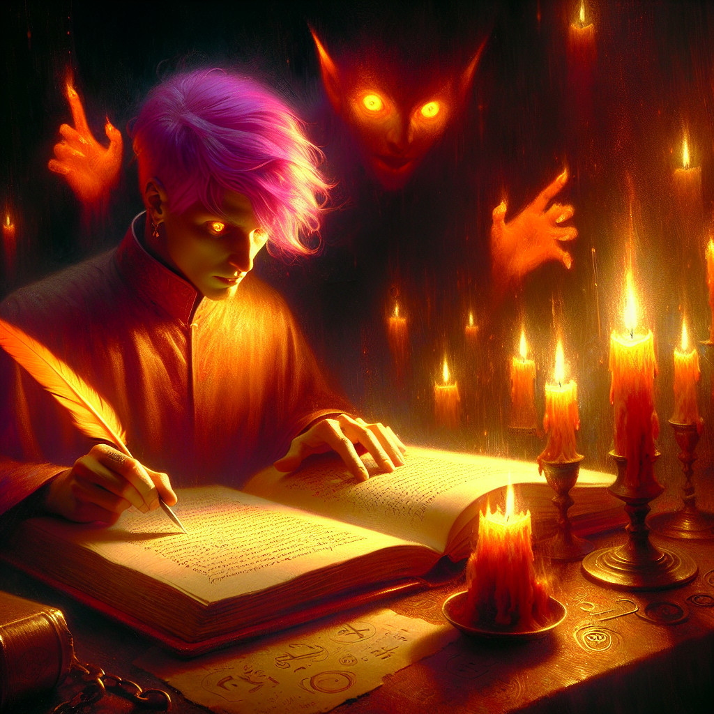 Young Person with Pink Hair Reading by Candlelight