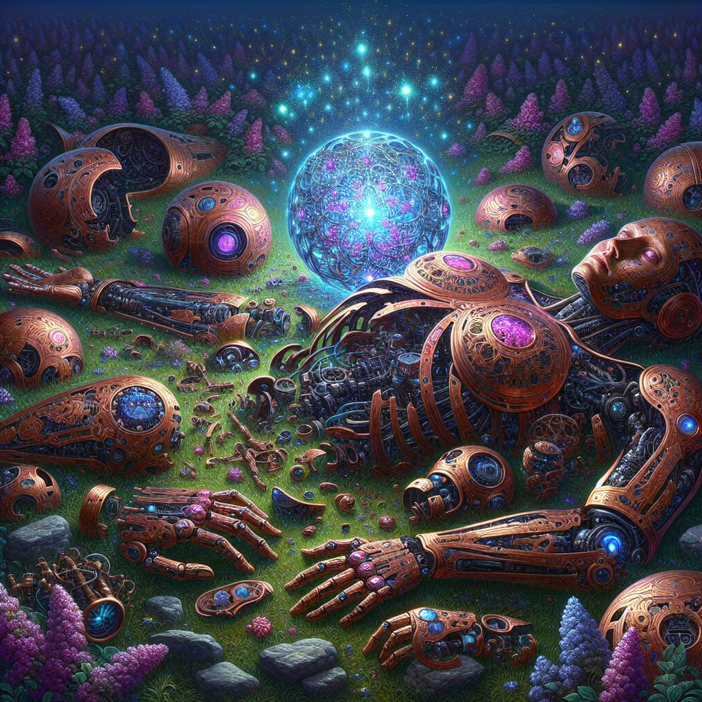Serene Landscape with Fractured Robot and Flora