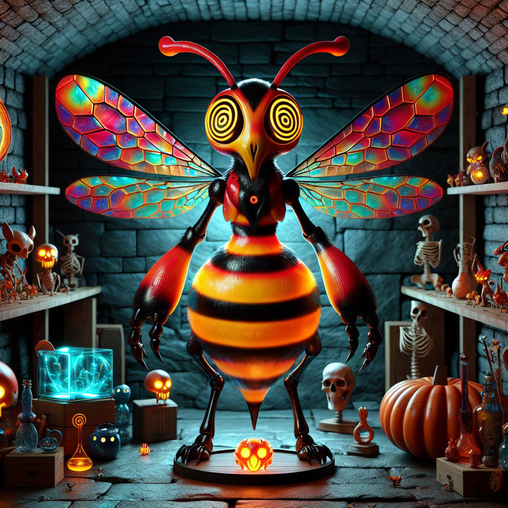Colorful Cartoon Bee in Spooky Dungeon Room