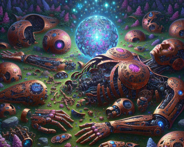 Serene Landscape with Fractured Robot and Flora