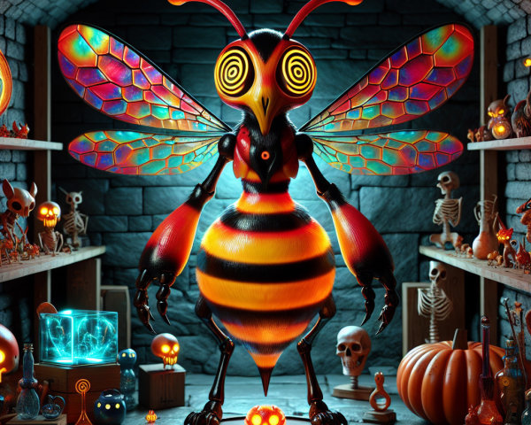 Colorful Cartoon Bee in Spooky Dungeon Room