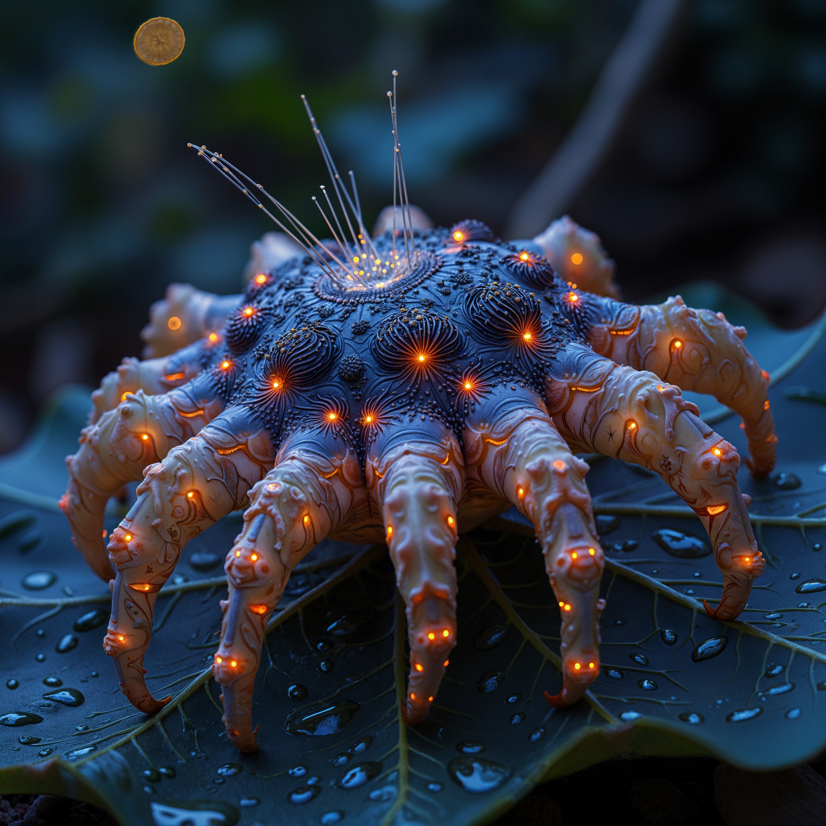 Surreal starfish-like creature on a large leaf
