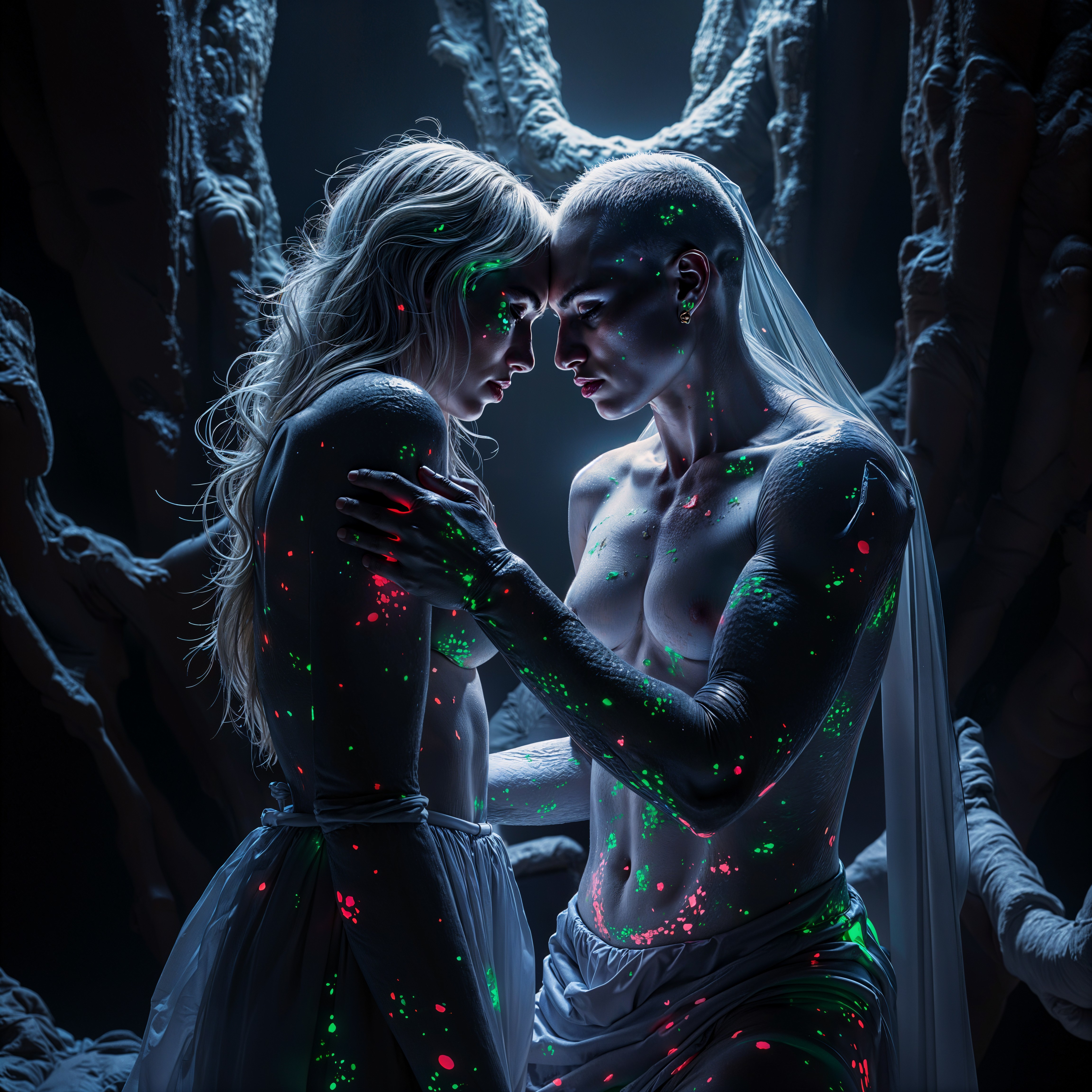 Surreal Scene of Two Figures in Neon Colors