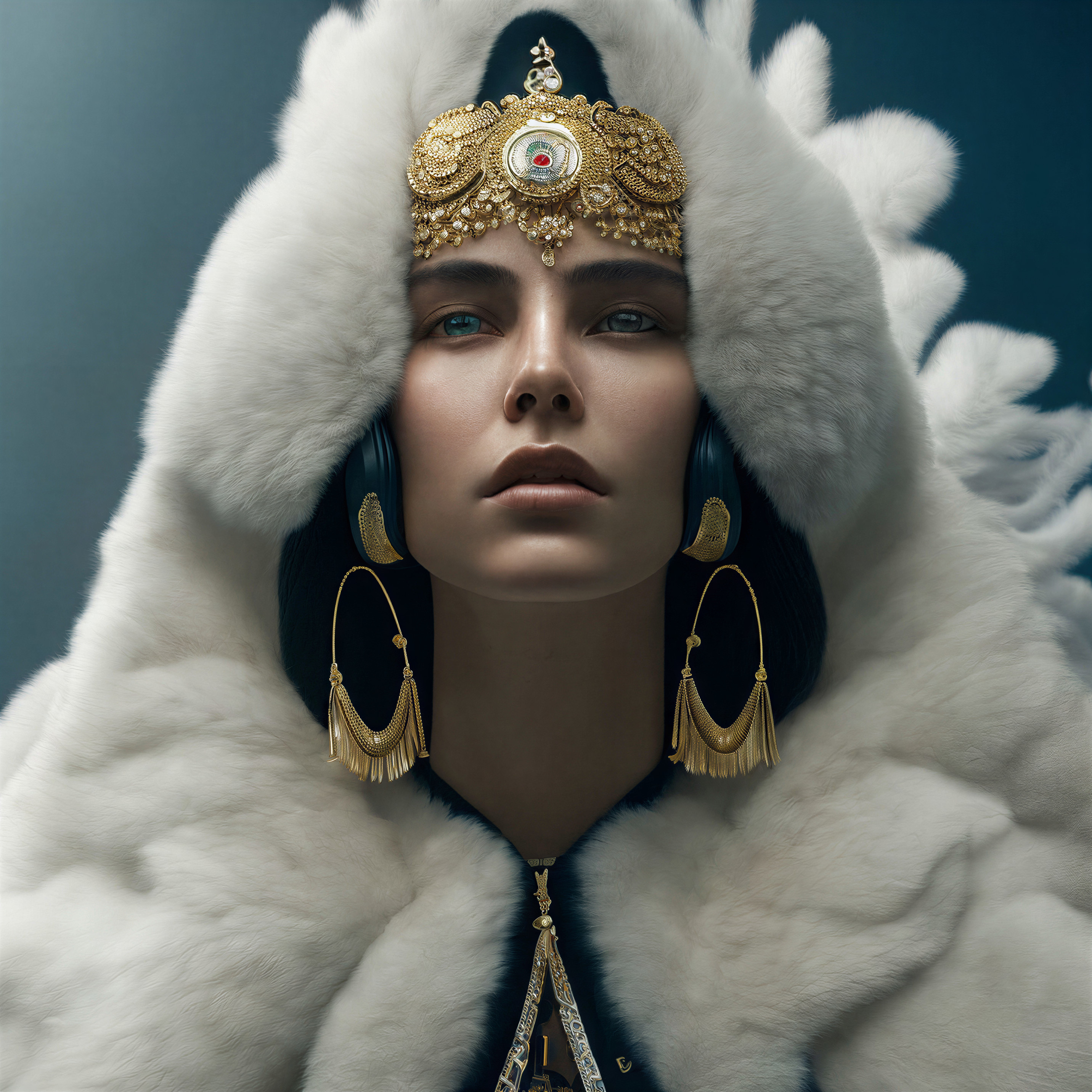 Elaborate White Fur Coat with Gold Accessories