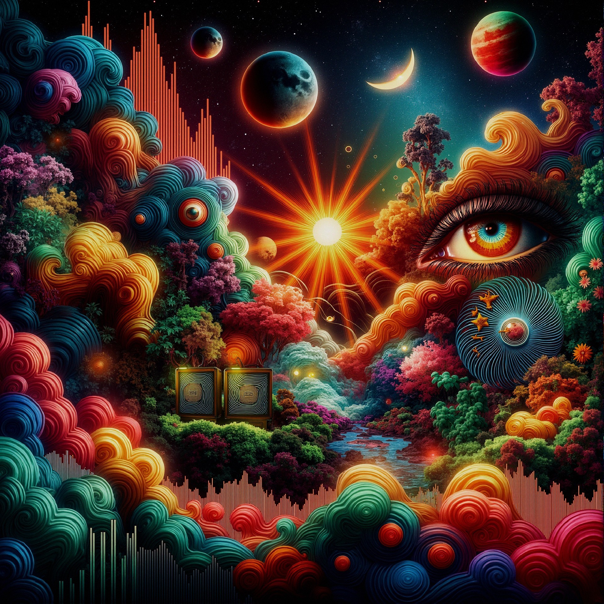 Surreal Landscape with Colorful Clouds and Celestial Elements
