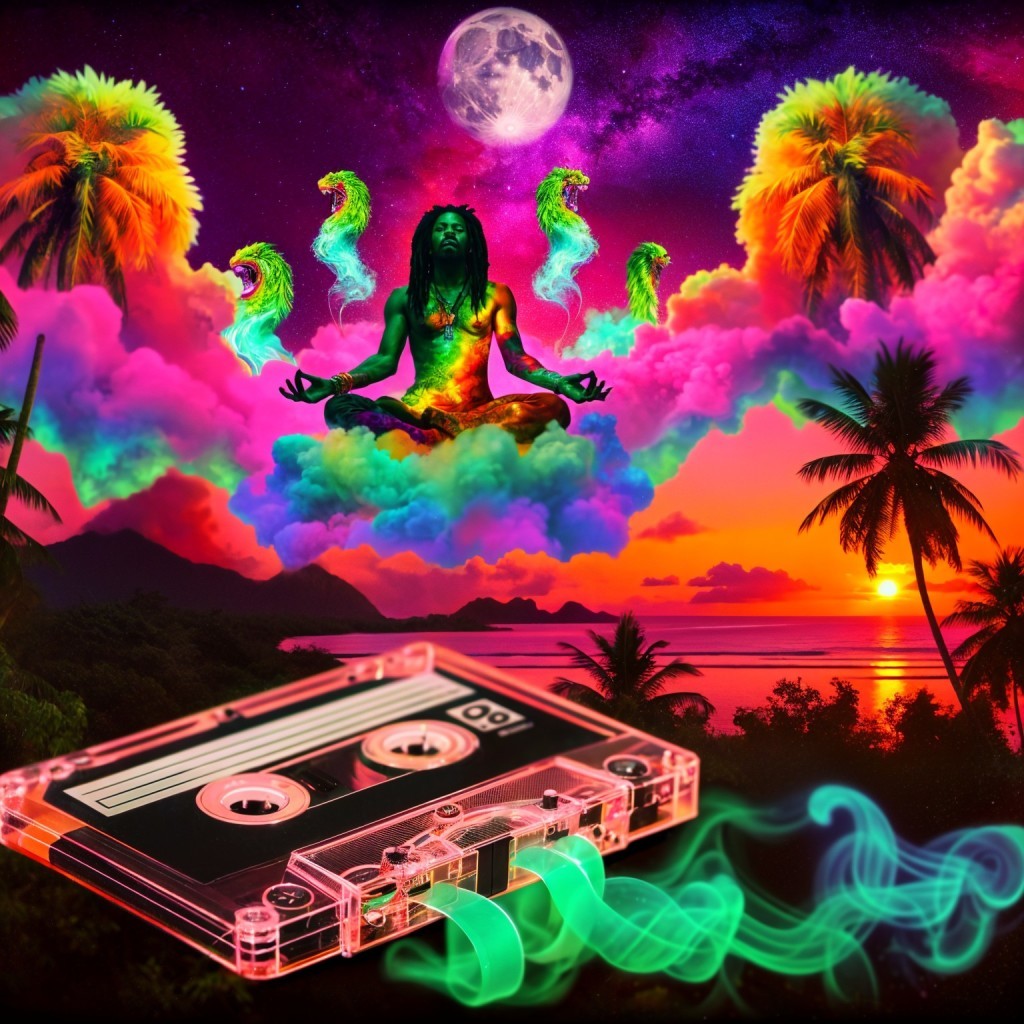 Surreal Meditation Scene with Colorful Clouds and Moon