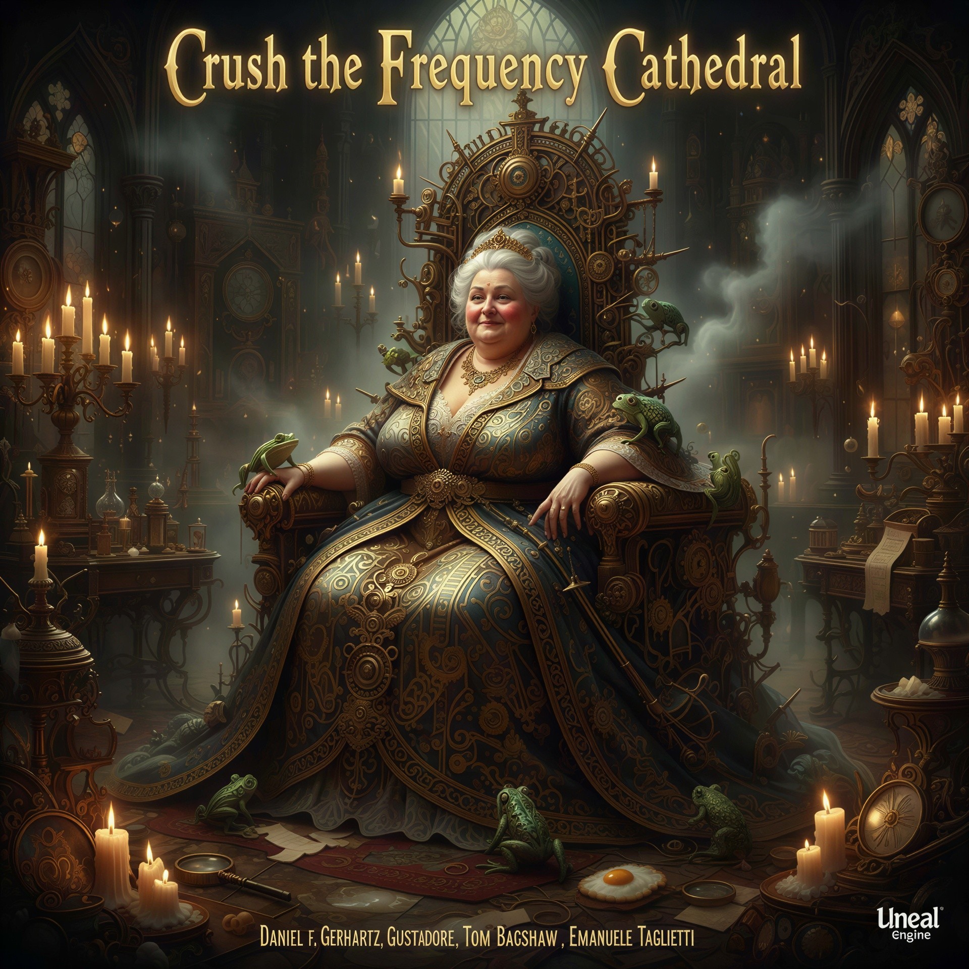 Gothic Cathedral Scene with Smiling Woman in Dress