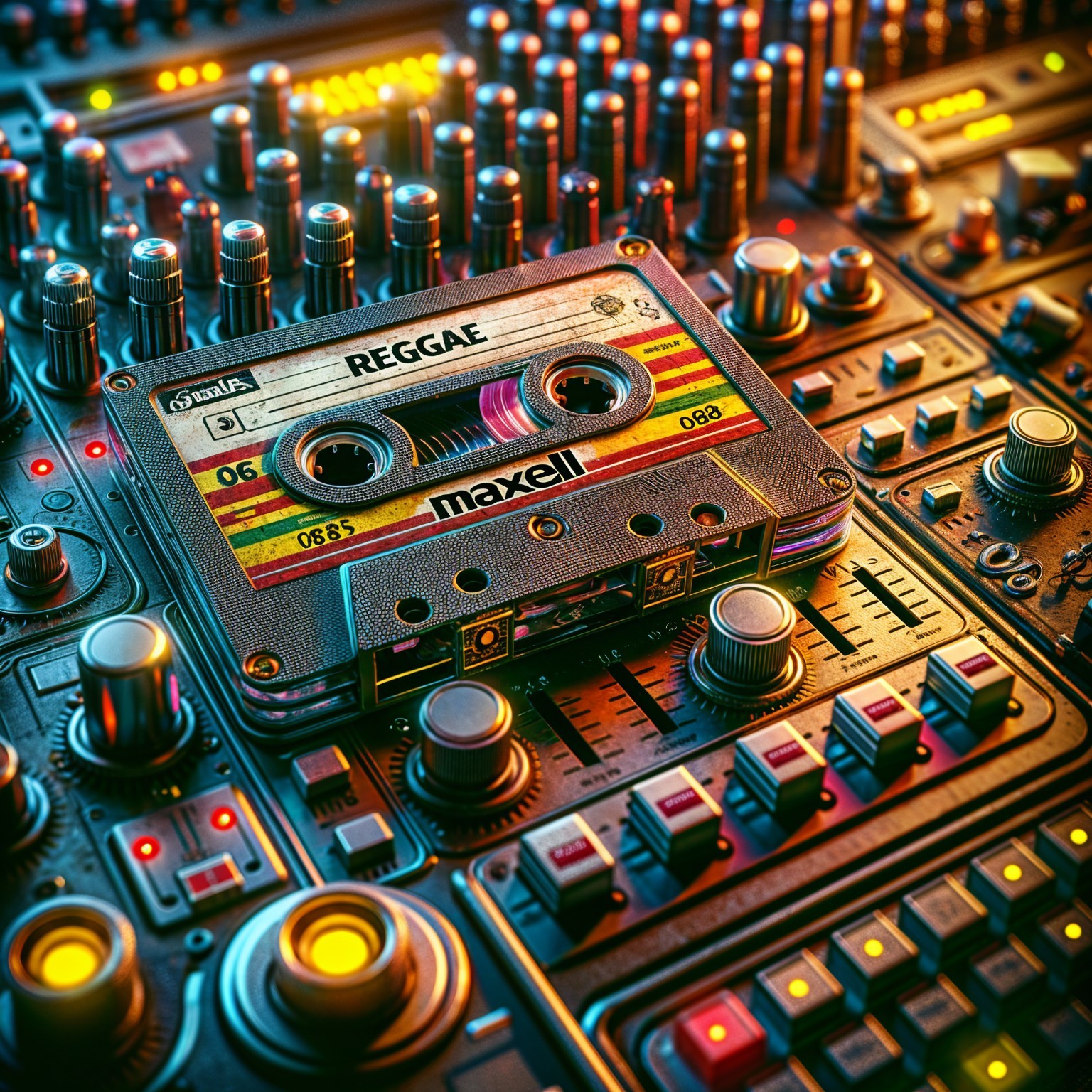 Vintage Cassette Tape on Colorful Audio Mixing Console
