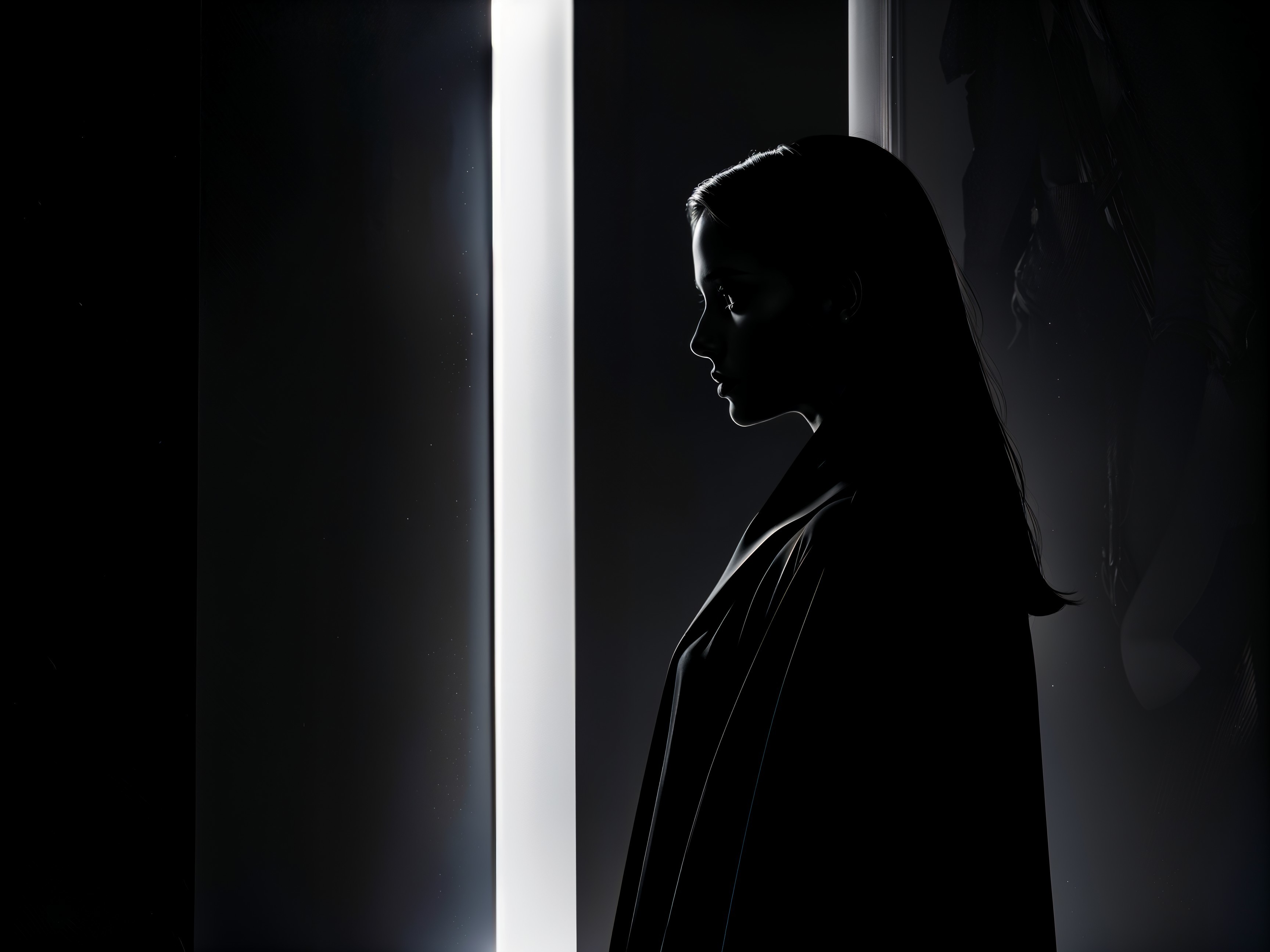 Silhouette of a woman illuminated by vertical light beams