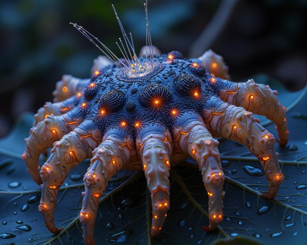 Surreal starfish-like creature on a large leaf
