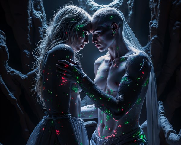 Surreal Scene of Two Figures in Neon Colors