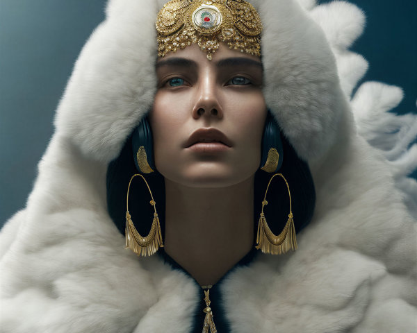 Elaborate White Fur Coat with Gold Accessories