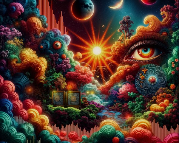 Surreal Landscape with Colorful Clouds and Celestial Elements