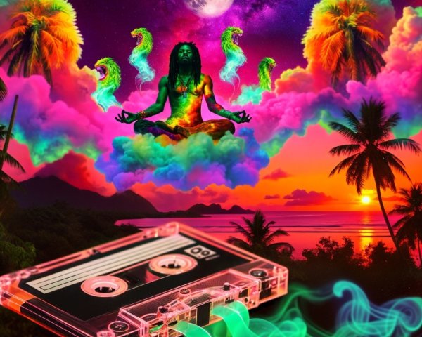 Surreal Meditation Scene with Colorful Clouds and Moon