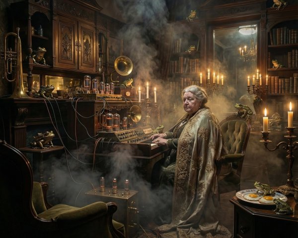 Elderly Woman Playing Retro-Futuristic Electronic Instrument