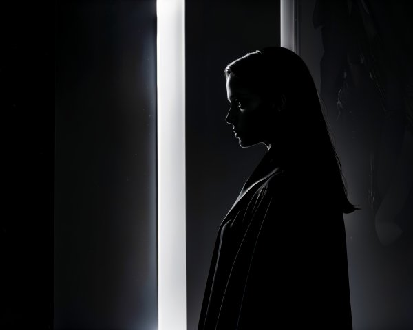 Silhouette of a woman illuminated by vertical light beams