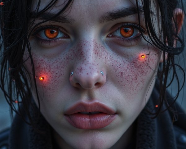 Close-Up Portrait of a Woman with Freckles and Bright Eyes