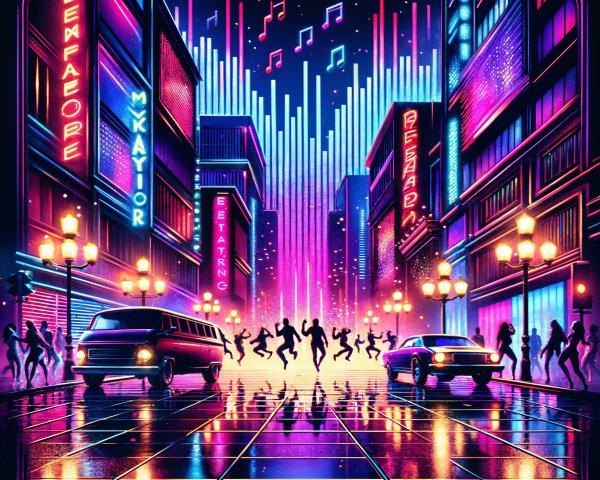 Vibrant cityscape with neon lights and dancers
