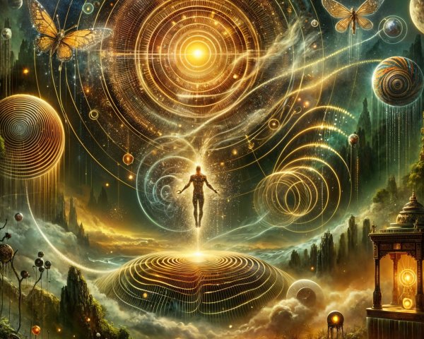 Mystical Landscape with Radiant Figure and Orbs