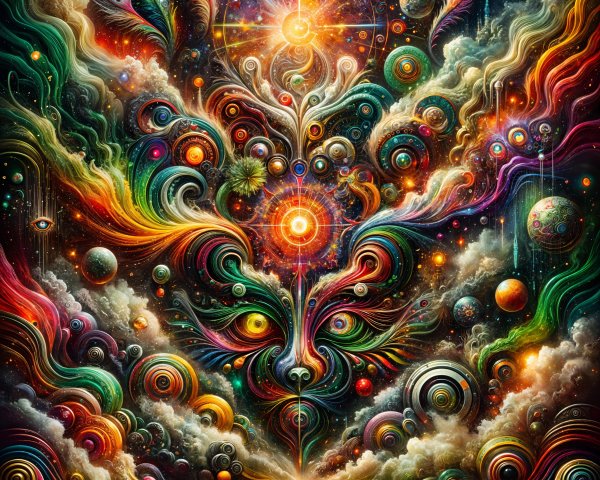 Vibrant Cosmic Scene with Colorful Patterns and Celestial Elements