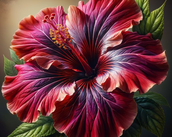 Vibrant Red and Purple Hibiscus Flower with Green Leaves