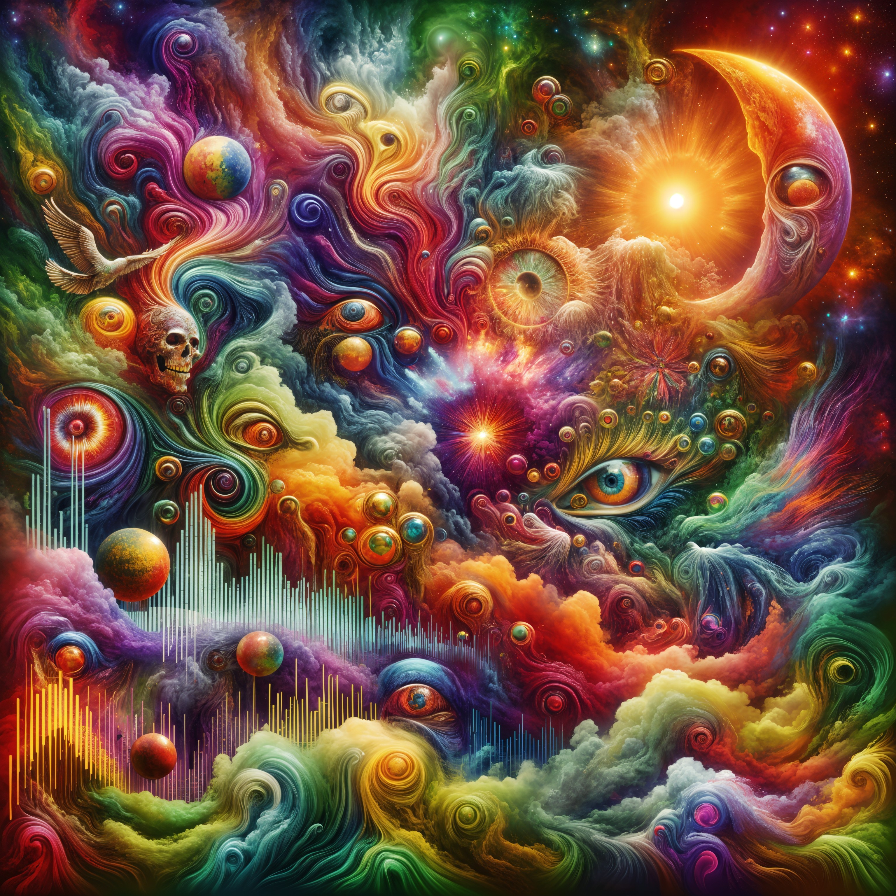 Vibrant Cosmic Scene with Abstract Shapes and Colors
