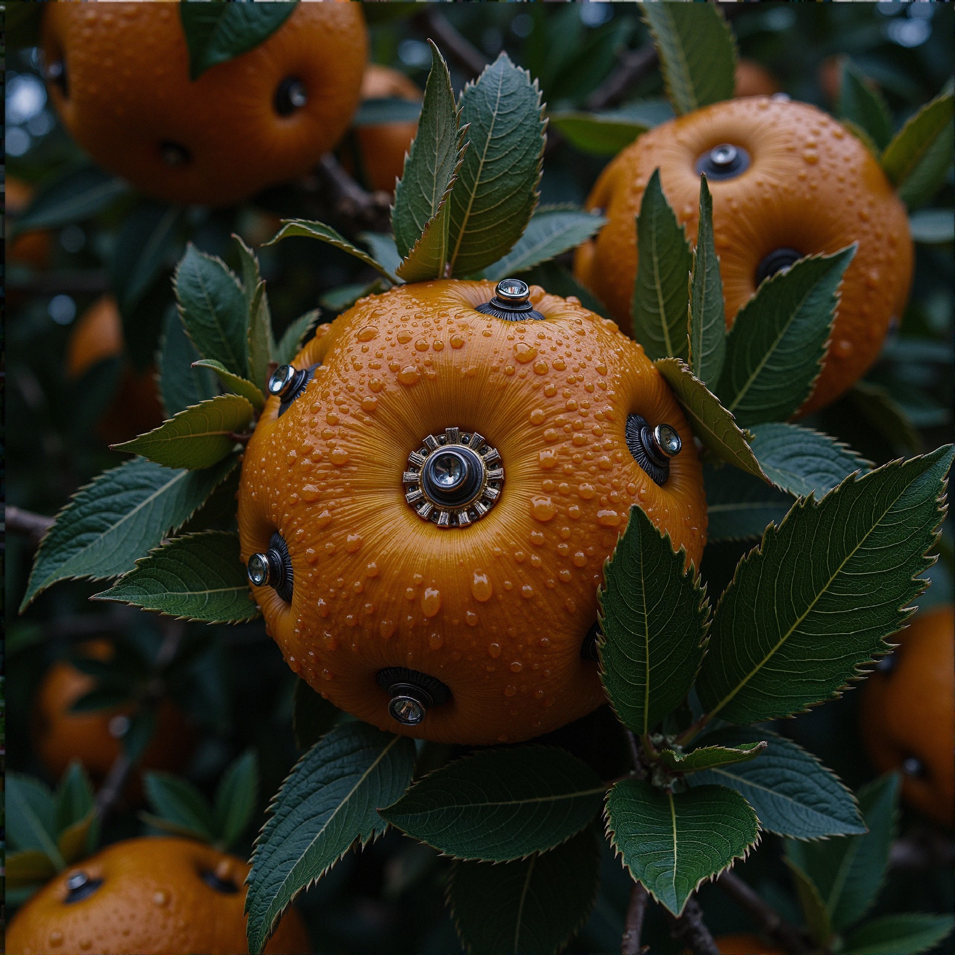 Close-Up of Steampunk Orange with Metallic Elements