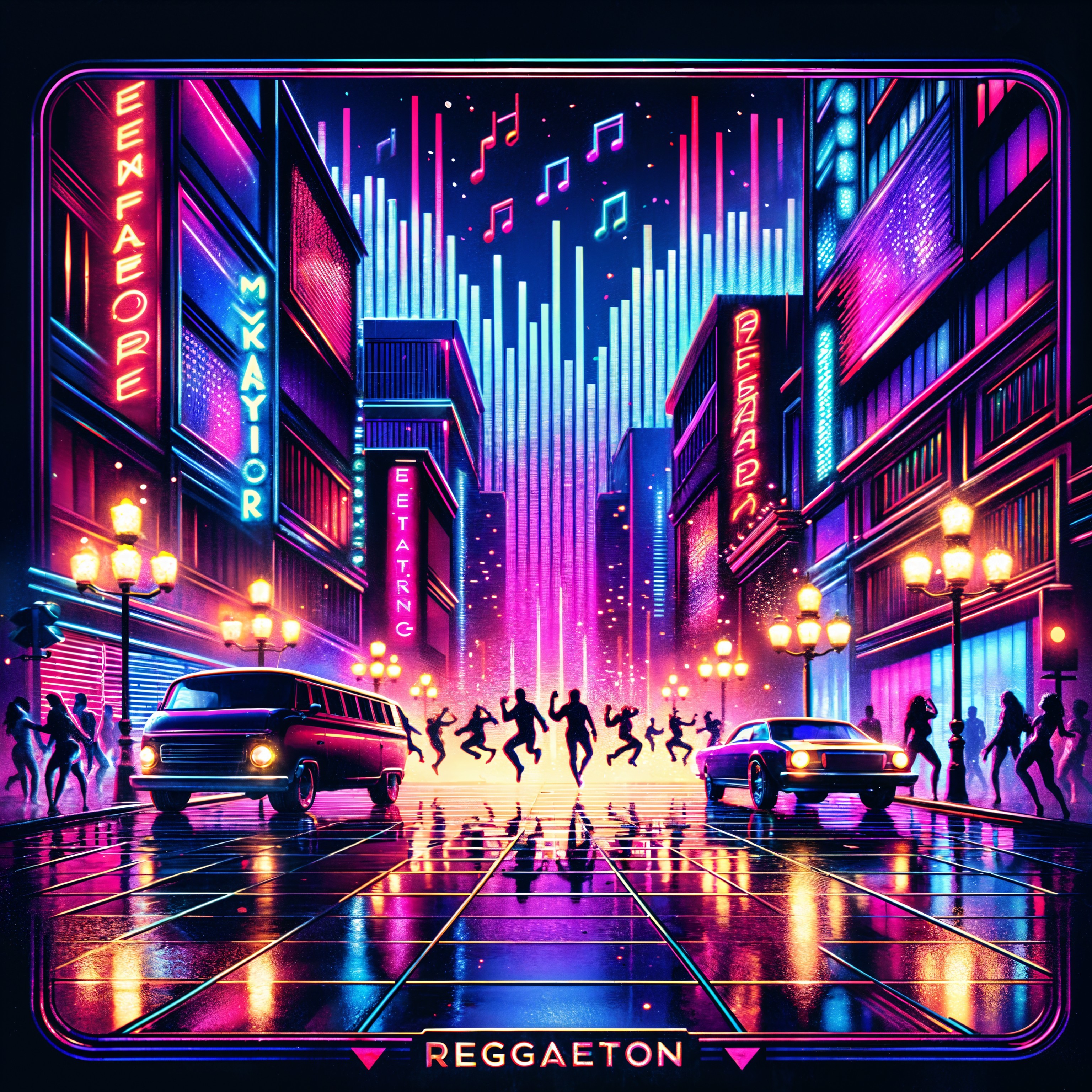 Vibrant cityscape with neon lights and dancers