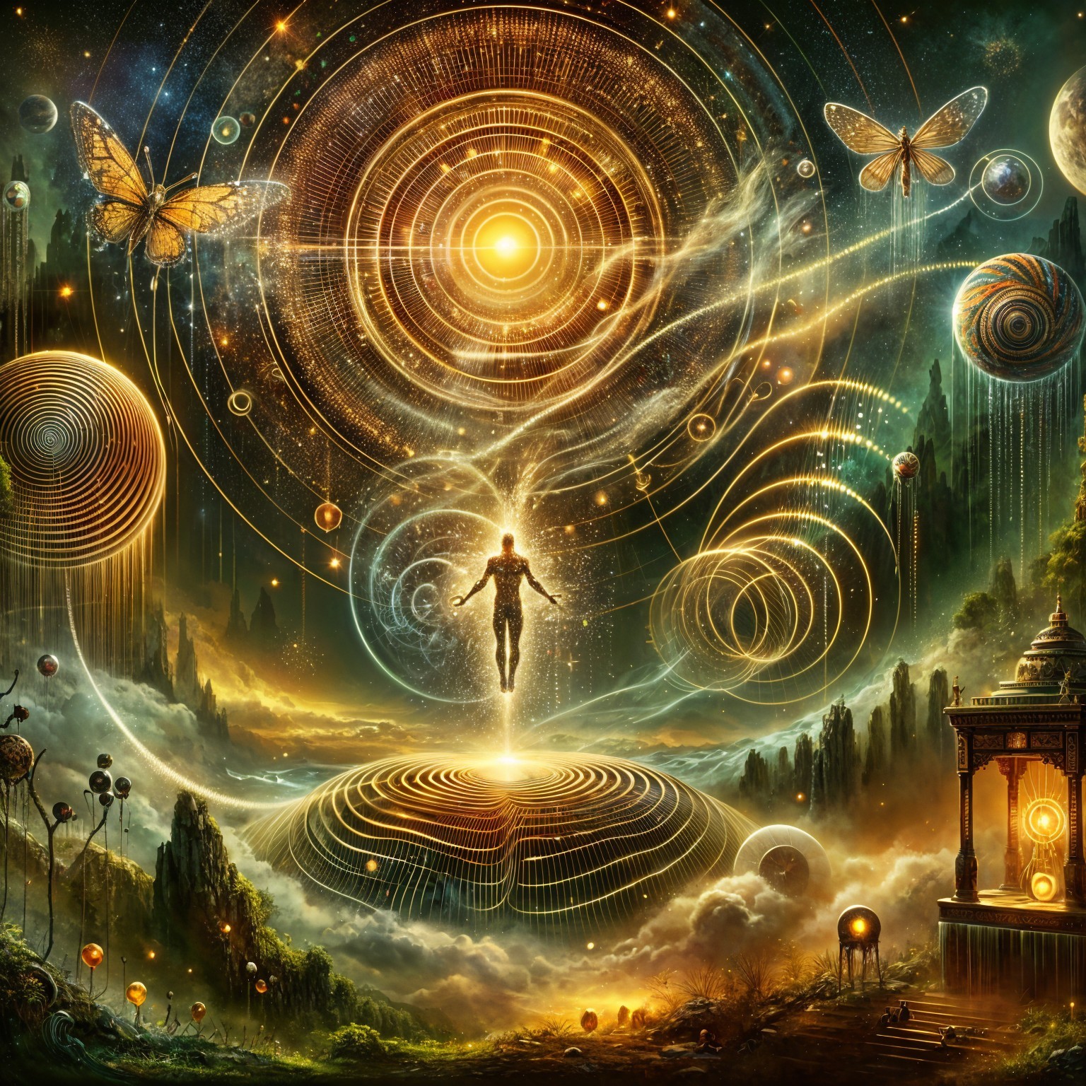 Mystical Landscape with Radiant Figure and Orbs