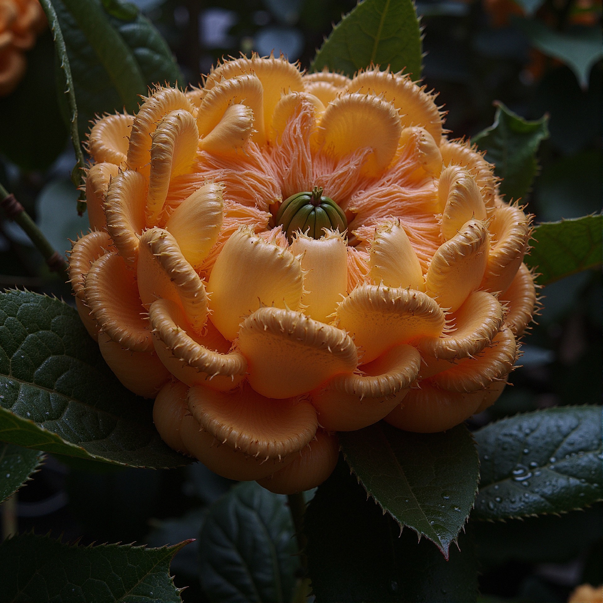 Surreal Orange Flower with Textured Petals and Leaves