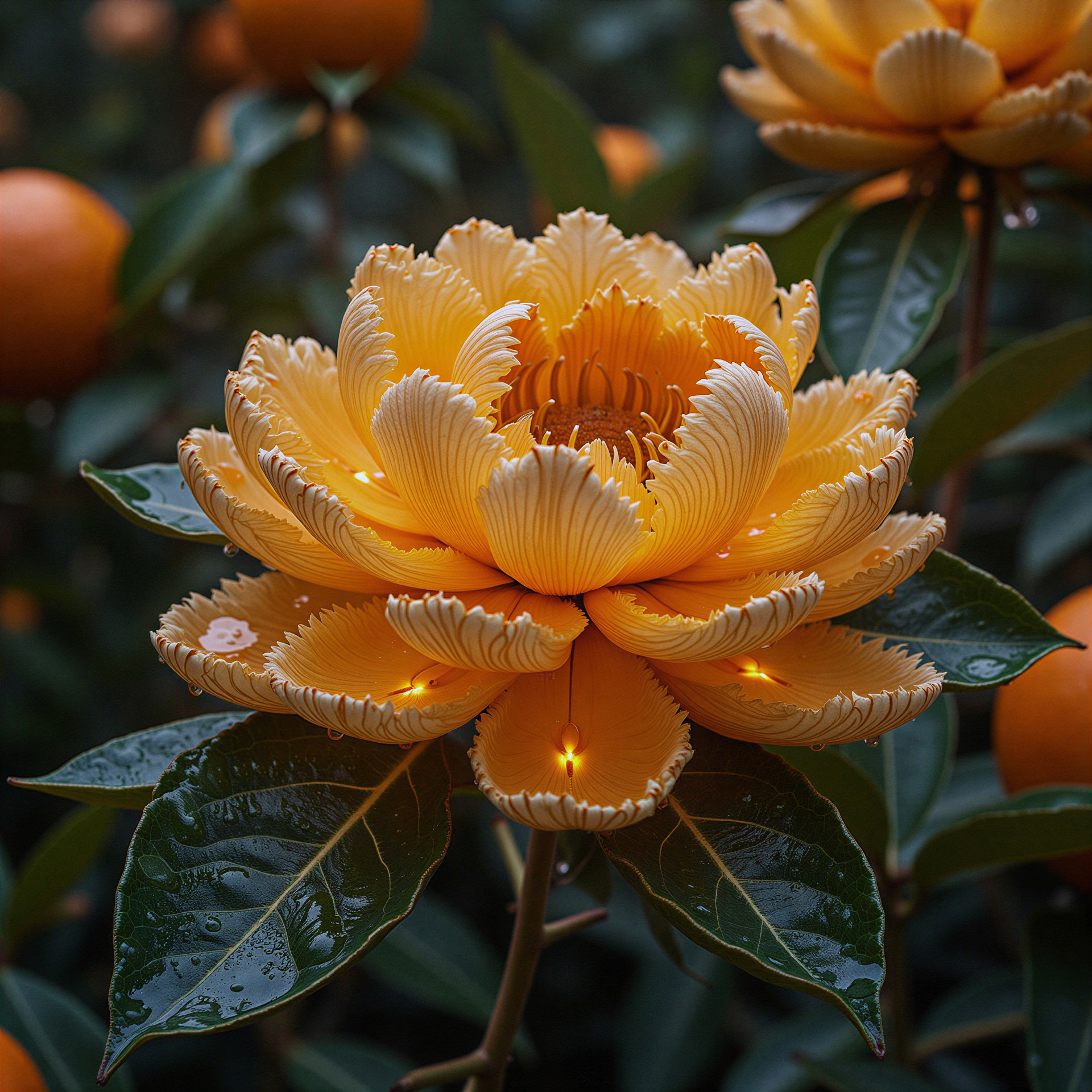 Creamy Yellow Flower with Green Leaves and Orange Fruit