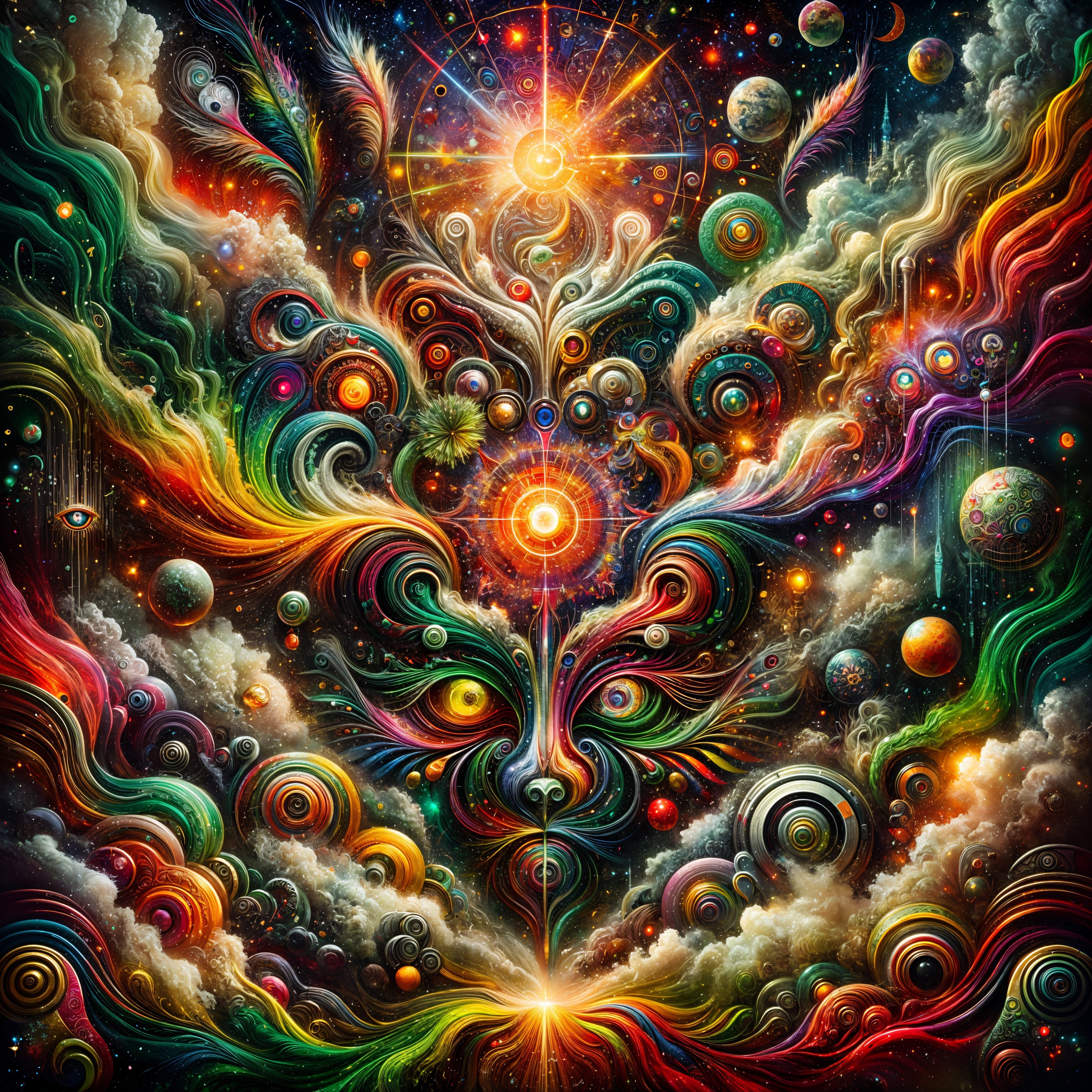 Vibrant Cosmic Scene with Colorful Patterns and Celestial Elements