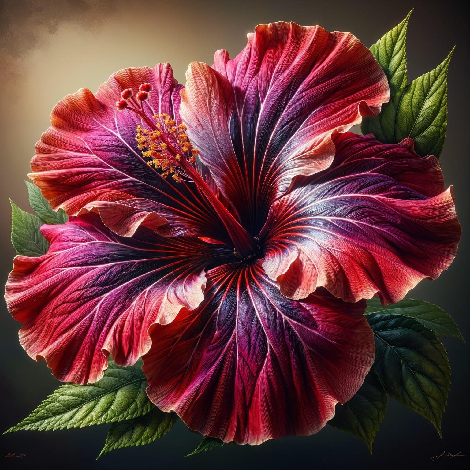 Vibrant Red and Purple Hibiscus Flower with Green Leaves