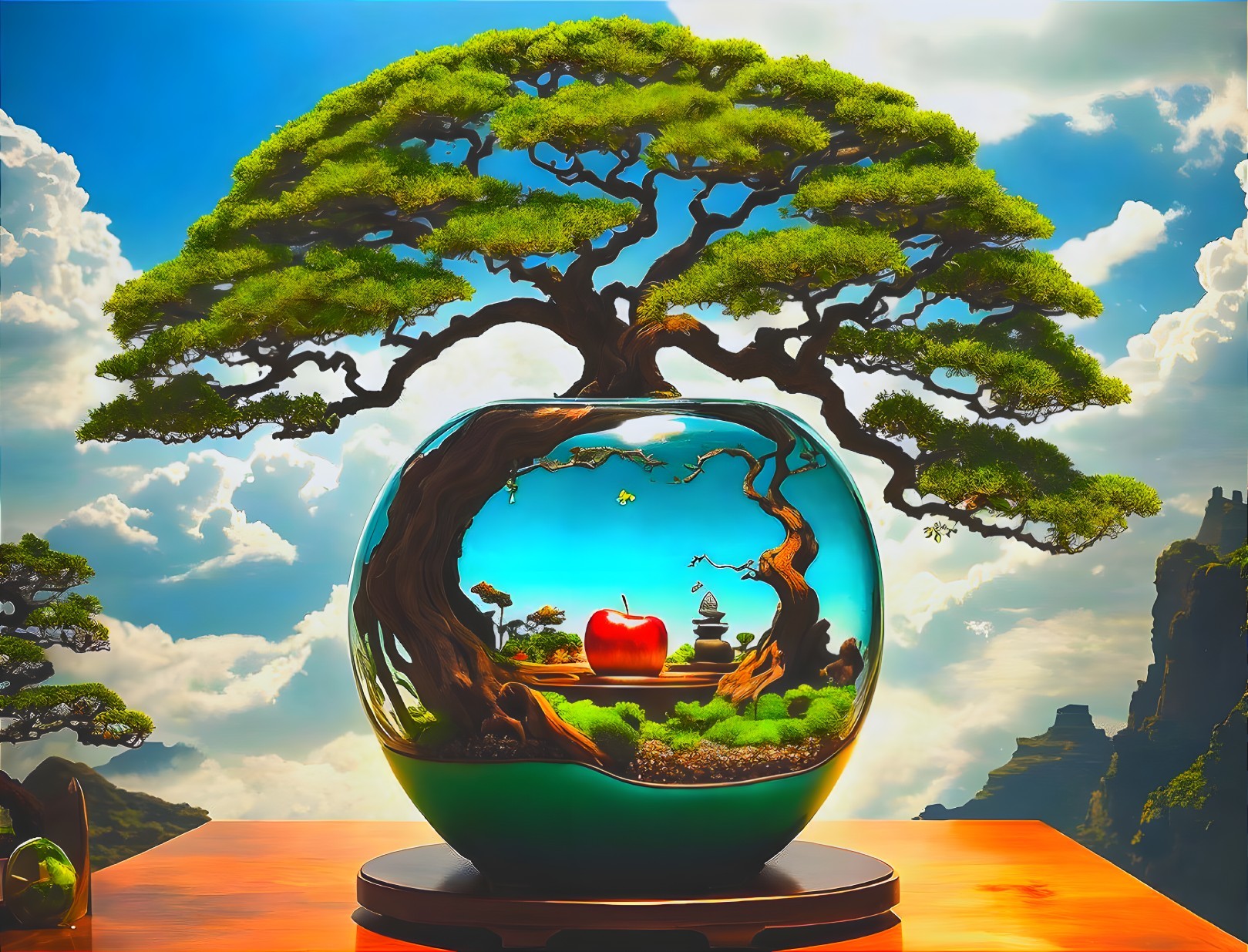 Glass Terrarium with Apple and Lush Greenery Landscape
